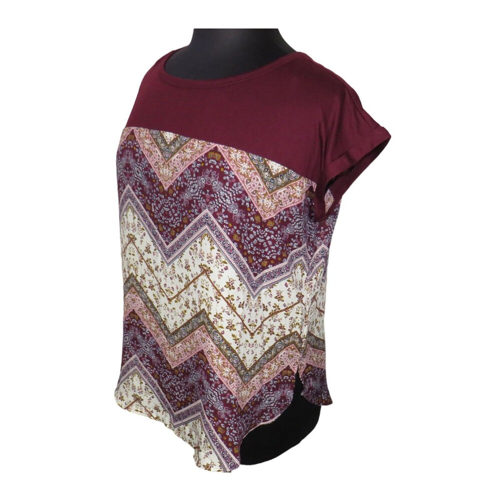 Rewind Women's Burgundy Floral Striped Mixed Fabric Top Size XXL